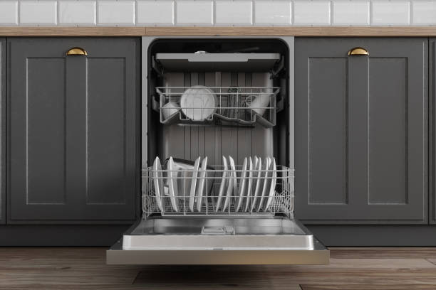 A modern dishwasher is installed in a well-organized kitchen, showcasing its functionality and design.