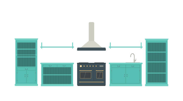 Modern kitchen featuring a stove, oven, cabinets, shelves, and an over-the-range microwave for efficient cooking.