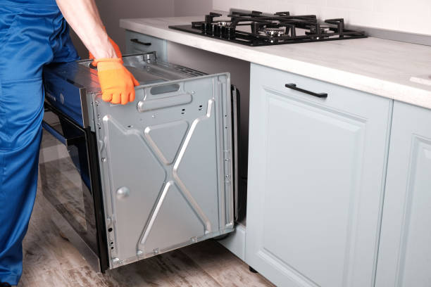 A man wearing blue overalls is holding an oven, showcasing skills in electric appliance installation.