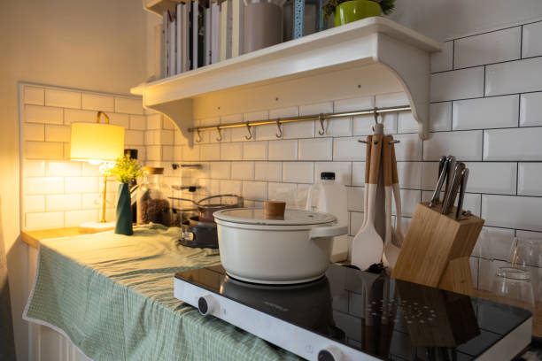 A kitchen featuring a stove with pots and pans arranged on the counter, highlighting cooktop installation services.