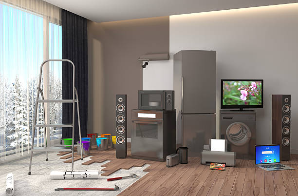 A room featuring a TV, refrigerator, microwave, washer, dryer, and a ladder, showcasing residential appliance installation.