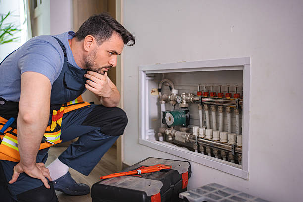 A man wearing an orange vest and work boots examines a box containing premium kitchen appliances.